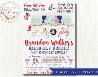May include: A digital invitation for a 40th birthday party with a redneck theme. The invitation features a cartoon image of a camper van with a red, white, and blue American flag, a table with chairs, and pink flamingos. The text on the invitation reads "Come Git Your Redneck On & Have Sum Fun As We Celebrate Brandon Walker's Hillbilly Deluxe 40th Birthday Partee!"  The invitation also includes the date and time of the party, the location, and the dress code. The text "Keep Your Traps Shut!" is at the bottom of the invitation.