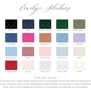 May include: A selection of envelope colors, including black, navy, racing green, and fuchsia. The image displays a variety of colors with names like "Ebony," "Navy," and "Fuchsia." Text at the top reads "Envelope Selections."