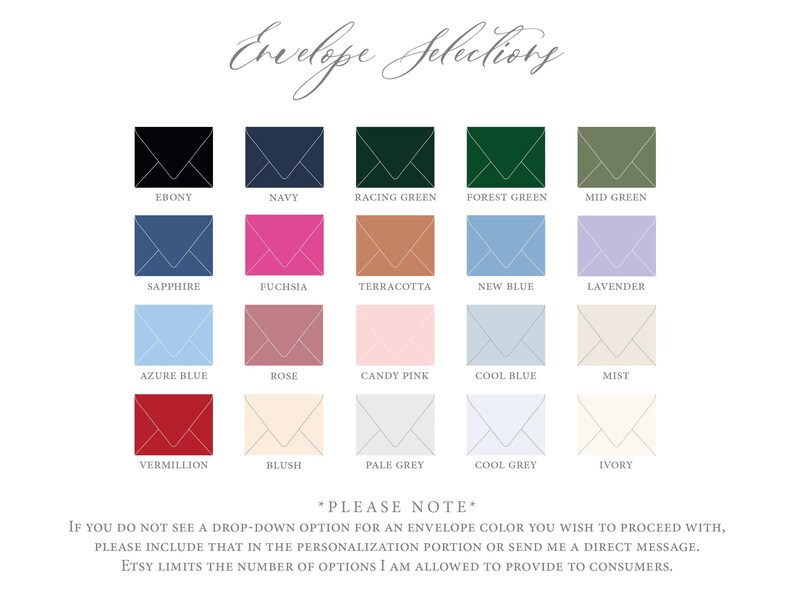 May include: A selection of envelope colors, including black, navy, racing green, and fuchsia. The image displays a variety of colors with names like "Ebony," "Navy," and "Fuchsia." Text at the top reads "Envelope Selections."