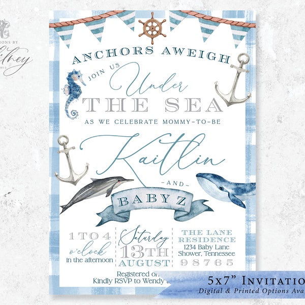 Anchors Aweigh Baby Shower Invitation, Ocean Baby Shower Invitation, Anchor Baby Shower Invitation, Nautical Baby Shower Invitation, Gingham