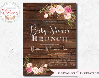 Wooden Baby Shower Invitation, Baby Girl Shower Invitation, Floral Baby Shower Invitation, Pink Baby Shower Invitation, Baby Shower Brunch