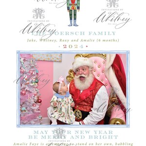 May include: Christmas card design featuring a photo of Santa Claus with a baby, surrounded by text and decorative elements. The card includes the family name and the year 2024.