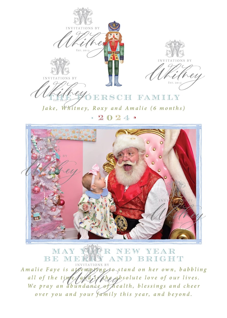 May include: Christmas card design featuring a photo of Santa Claus with a baby, surrounded by text and decorative elements. The card includes the family name and the year 2024.
