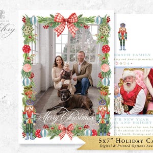 May include: A 5x7 inch holiday card with a family portrait, framed by watercolor illustrations of Christmas ornaments, greenery, and nutcrackers. The card features the text "Merry Christmas" and a photo of Santa Claus.