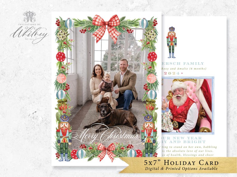 May include: A 5x7 inch holiday card with a family portrait, framed by watercolor illustrations of Christmas ornaments, greenery, and nutcrackers. The card features the text "Merry Christmas" and a photo of Santa Claus.