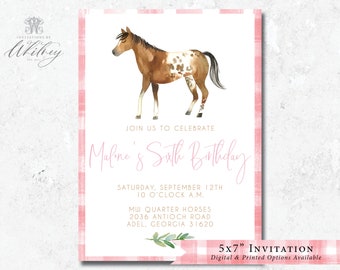 Horse Birthday Invitation, Pink Horse Birthday Invitation, Pink Gingham Invitation, Girl Horse Birthday Invitation, Horse Girl Party Invite