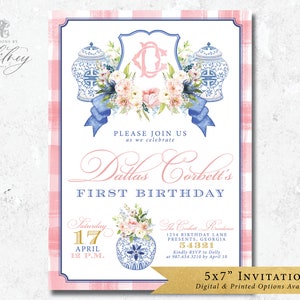 Chinoiserie Birthday Invitation, Chinoiserie-Inspired Invitation, Pink Chinoiserie Invitation, Ginger Jar Design Birthday Invitation