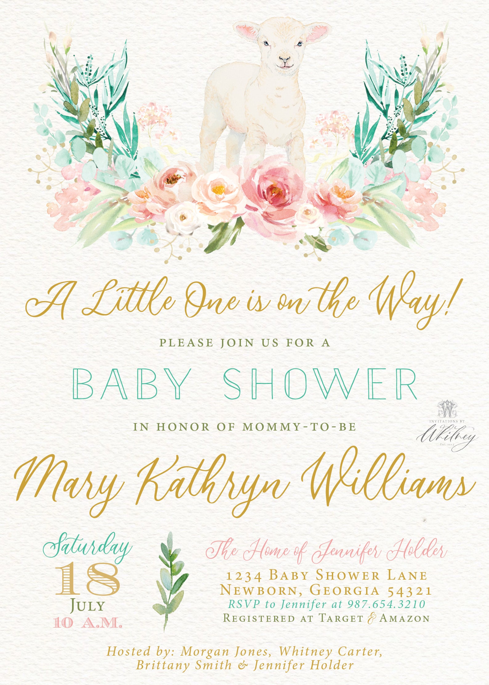 Lamb Floral Baby Shower Invitation Pink and Mint Lamb Baby Etsy