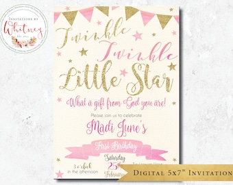 Twinkle Twinkle Little Star Birthday Party Invitation, Christian Girl Birthday Invitation, Star Baby Girl Shower Invitation, DIGITAL FILE