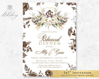 May include: A 5x7 inch rehearsal dinner invitation card featuring brown floral illustrations, a central monogram with the letters AG, and two mallard ducks. The text reads: Please join us for a Rehearsal Dinner honoring Ally & Gavin, Friday, September 18, 2026 at 6 P.M., Burch and Main, 1234 Restaurant Drive, Knoxville, Tennessee.