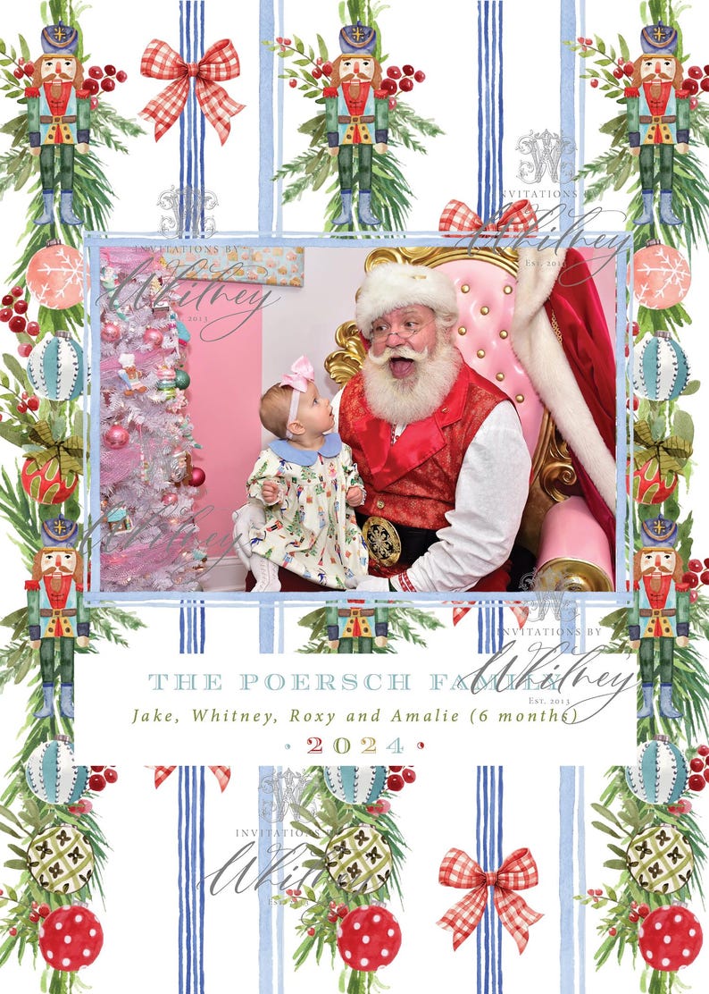 May include: Christmas-themed family photo invitation. The design features a photo of Santa Claus with a baby, surrounded by watercolor illustrations of nutcrackers, ornaments, and greenery. Text includes family name and year.