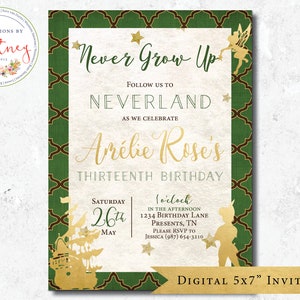 Never Grow Up Invitation, Neverland Invitation, Peter Pan Invitation, Tinkerbell Invitation, Fairy Birthday Invitation, Peter Pan Birthday