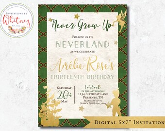Never Grow Up Invitation, Neverland Invitation, Peter Pan Invitation, Tinkerbell Invitation, Fairy Birthday Invitation, Peter Pan Birthday