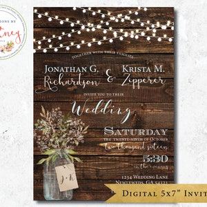 May include: Rustic wedding invitation with a woodgrain background, string lights, and a mason jar with flowers. The invitation reads "Jonathan G. Richardson & Krista M. Zipperer invite you to their wedding Saturday, the twenty-ninth of October, two thousand sixteen, 5:30 in the evening, 1234 Wedding Lane, Newlyweds, GA 54321. Digital 5x7" invitation."