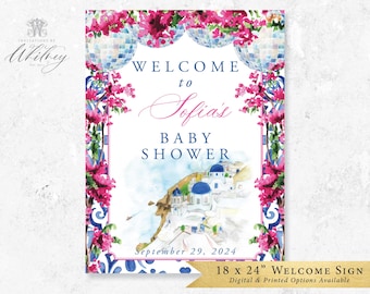 Letrero de bienvenida para baby shower Mamma Mia, Letrero de bienvenida para baby shower Mamma Mia, Tema para baby shower Mamma Mia, Costa de Amalfi, Santorini, Letrero de bienvenida, Baby Showers