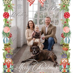 May include: A family portrait with a dog, framed by Christmas decorations. The image features a family of three, a dog, and the words "Merry Christmas". The frame includes ornaments, bows, and nutcrackers.