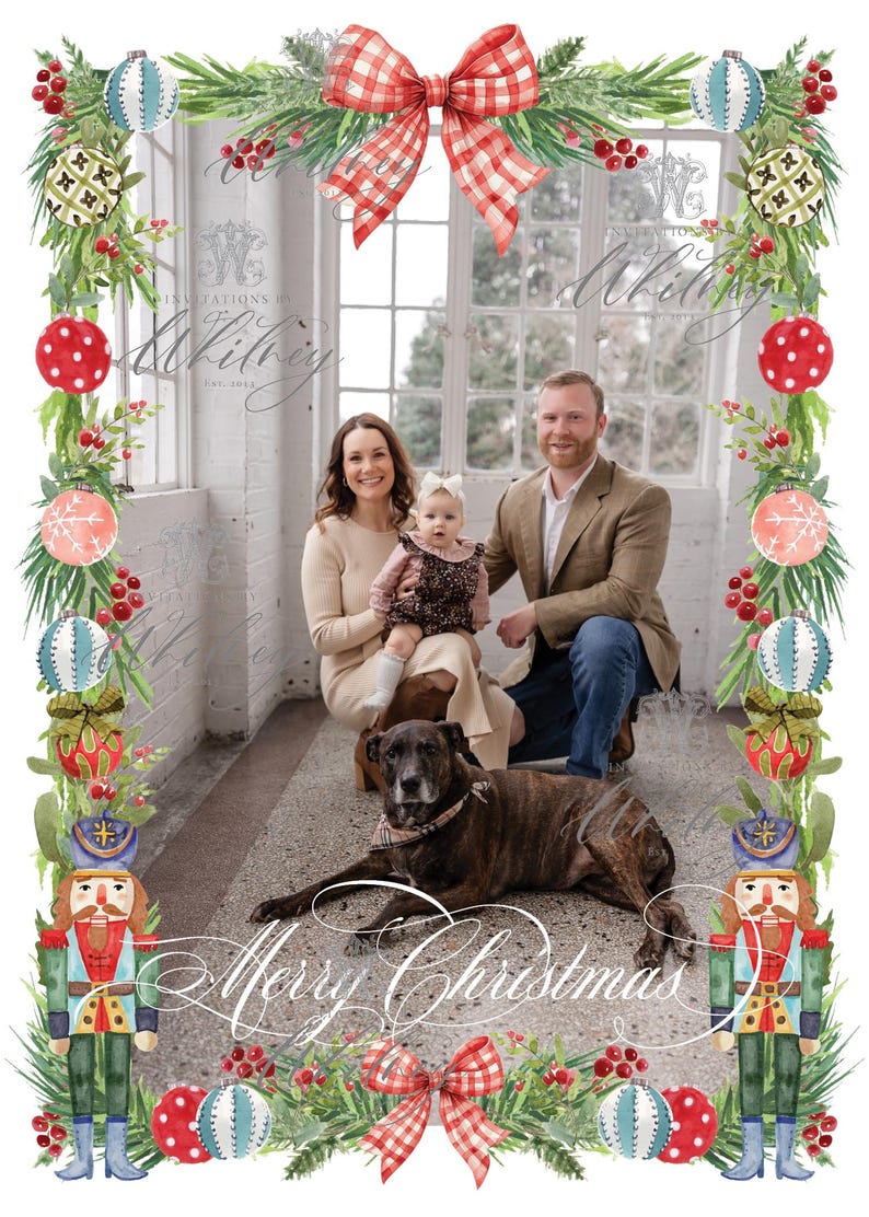 May include: A family portrait with a dog, framed by Christmas decorations. The image features a family of three, a dog, and the words "Merry Christmas". The frame includes ornaments, bows, and nutcrackers.