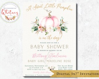 May include: A 5x7 inch digital baby shower invitation featuring a watercolor pink pumpkin with floral accents. The text reads A Sweet Little Pumpkin is on the way, Baby Shower, Brittany Tomlinson, Baby Girl Madeline Rose, and event details.