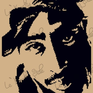 May include: A pixelated portrait in black and tan. The image features a face with dark hair and facial features, rendered in a blocky, digital style. The background is a solid tan color.