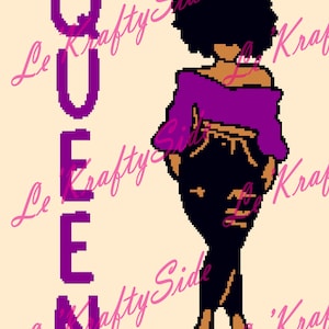 May include: Digital illustration of a woman in a purple off-the-shoulder top and black pants. The word "QUEEN" is vertically displayed in purple block letters. The background is a light beige color.