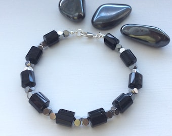 Black Onyx and Hematite Gem Bead Bracelet