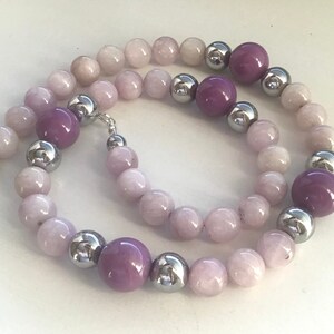 Pink Kunzite, Lilac Phosphosiderite, Silver Hematite Necklace image 2