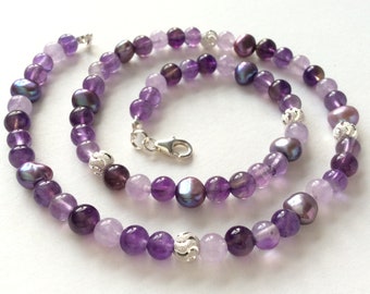 Purple and Lavender Amethyst, Freshwater Pearl and Silver Gem Bead Necklace