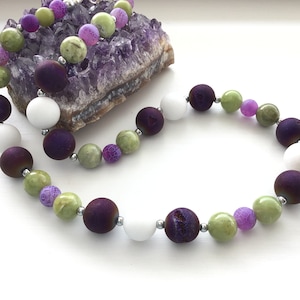 Purple Agate,Peridot and White Chalcedony Gem bead Necklace