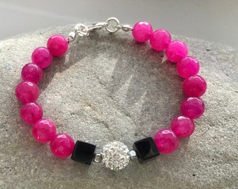 Hot Pink Jade, Black Onyx, and Shamballa bead Bracelet