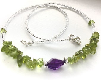 Purple Amethyst, Green Peridot and Silver Crystal Fine Gem Necklace