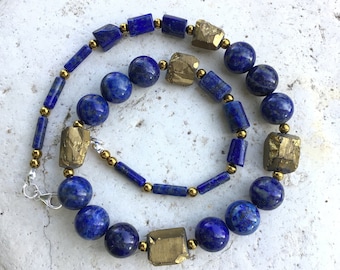 Lapis Lazuli,Titanium gold Quartz, Hematite Gem Necklace