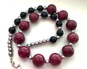 Dark Red Schiller Sheen Spar, Black Onyx and Silver Hematite Statement Necklace