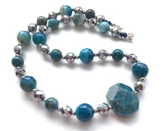 Teal Blue Apatite and Ocean Jasper Chunky Gem Bead Necklace