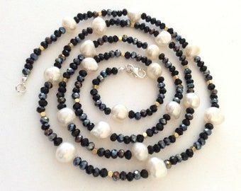 Ivory Baroque pearl, Black Crystal and Gold Long Necklace