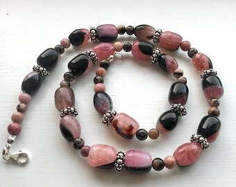 Pink and Black Agate and Rhodonite Necklace