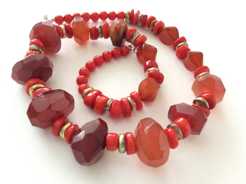 Red Chalcedony Red Agate and Red Coral Gem Bead Statement Necklace