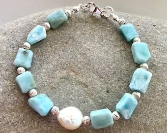 Larimar, Keishi Pearl and Sterling Silver Bracelet