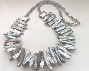 Silver Biwa pearl and Crystal Bib Necklace