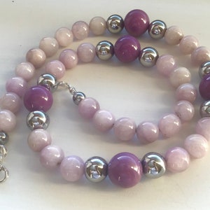 Pink Kunzite, Lilac Phosphosiderite, Silver Hematite Necklace image 4