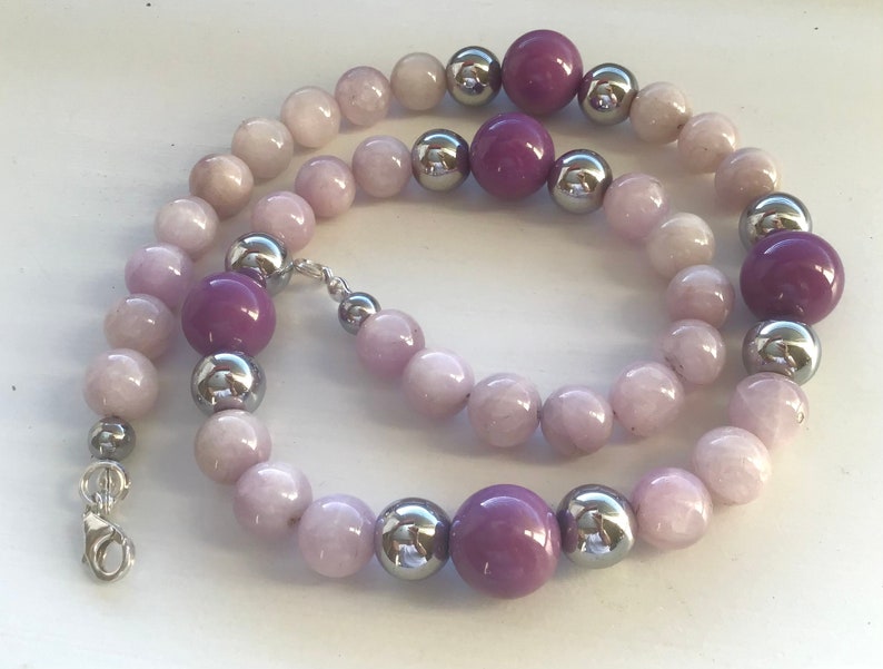 Pink Kunzite, Lilac Phosphosiderite, Silver Hematite Necklace image 4