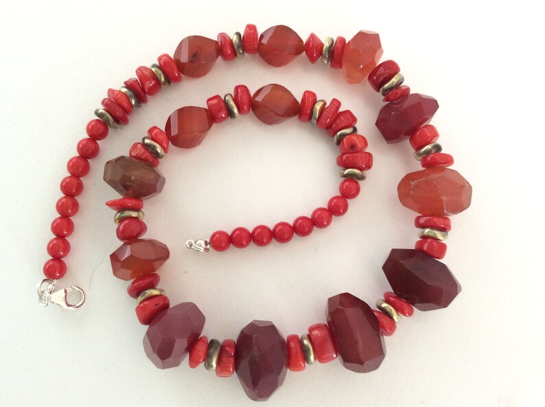 Red Chalcedony Red Agate and Red Coral Gem Bead Statement Necklace