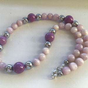 Pink Kunzite, Lilac Phosphosiderite, Silver Hematite Necklace image 5