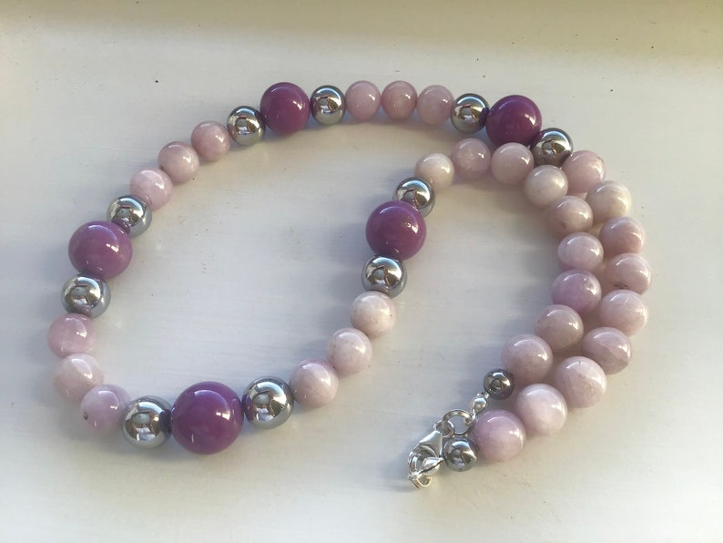 Pink Kunzite, Lilac Phosphosiderite, Silver Hematite Necklace image 5
