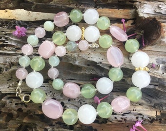 Rose Quartz, Jade and White Quartz Necklace