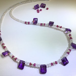 Amethyst briollettes, Burma Ruby and Rainbow Moonstone Gem Choker Necklace