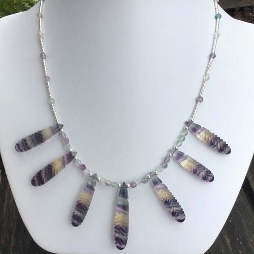 Carved Rainbow Fluorite and Sterling silver Gemstone shops Bib Necklace