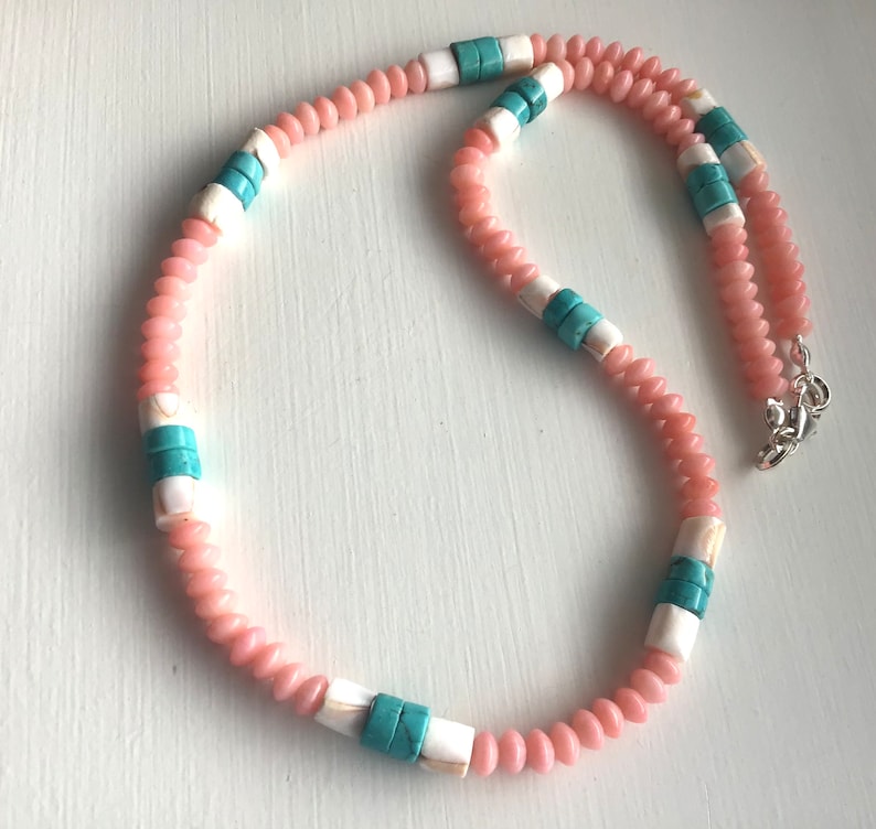 Peach Coral, Shell and Turquoise Necklace image 4