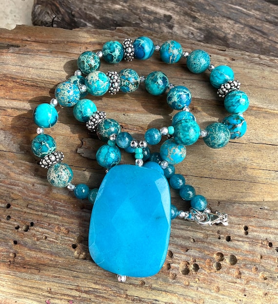Collier Chaîne En Jaspe Sédimentaire Bleu Et Argent 925 - Style Bohème, Neuf Avec étiquettes