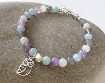 Moonstone, Amethyst, Labradorite and Aquamarine with Sterling Silver Owl Charm Gemstone Bracelet