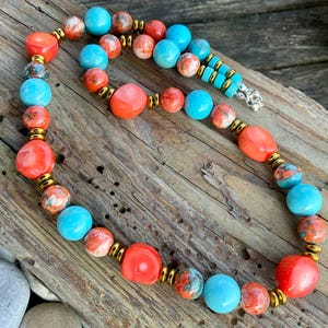 Orange Koralle, Ozean Jaspis, Jaspis, Gold Hämatit Edelstein Halskette